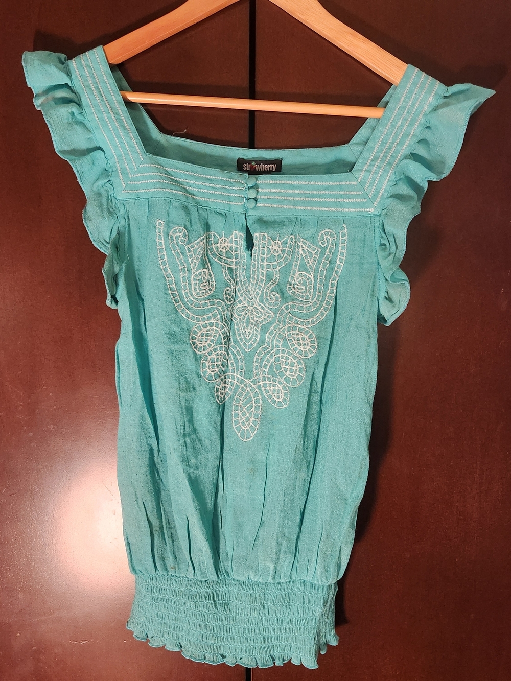 Say What? Turquoise Embroidered Flutter-Sleeve Top Women Size Medium